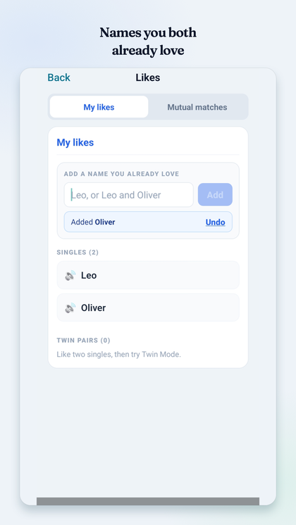 Twofold Twin Mode screen showing sibling name pairs and mutual likes